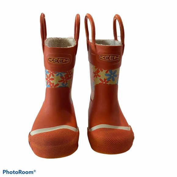 Keen rain boots kid 4 orange floral lined pull on - Picture 7 of 9